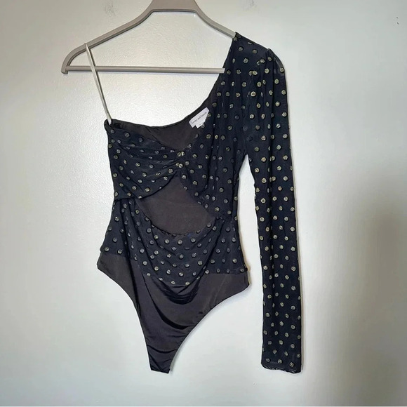 Lovers and Friends Goldie Bodysuit One Shoulder Glitter Polka Dot Size Medium - Picture 4 of 13